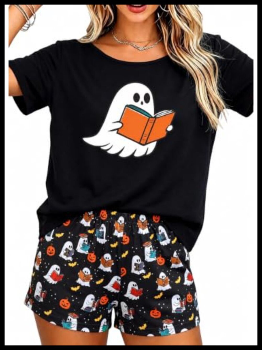 Women's Halloween Ghost Print Pajama Set Short Sleeve Sleepwear Lounge